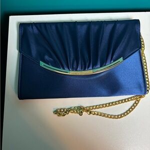 Satin Navy Evening Clutch with Gold Chain Accent